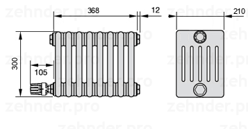 Схема (чертеж) Радиатор Zehnder Charleston 6030/8 №V003 Белый глянцевый RAL 9016